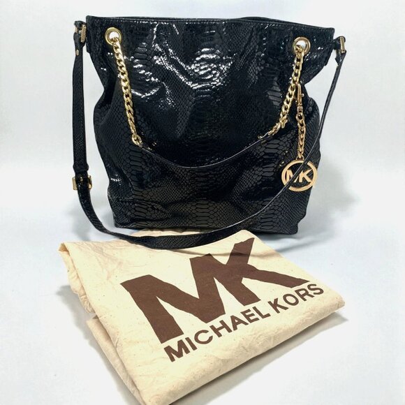Michael Kors Black Python-Embossed Leather Tote Gold Chain Straps & Logo Charm - Picture 1 of 11